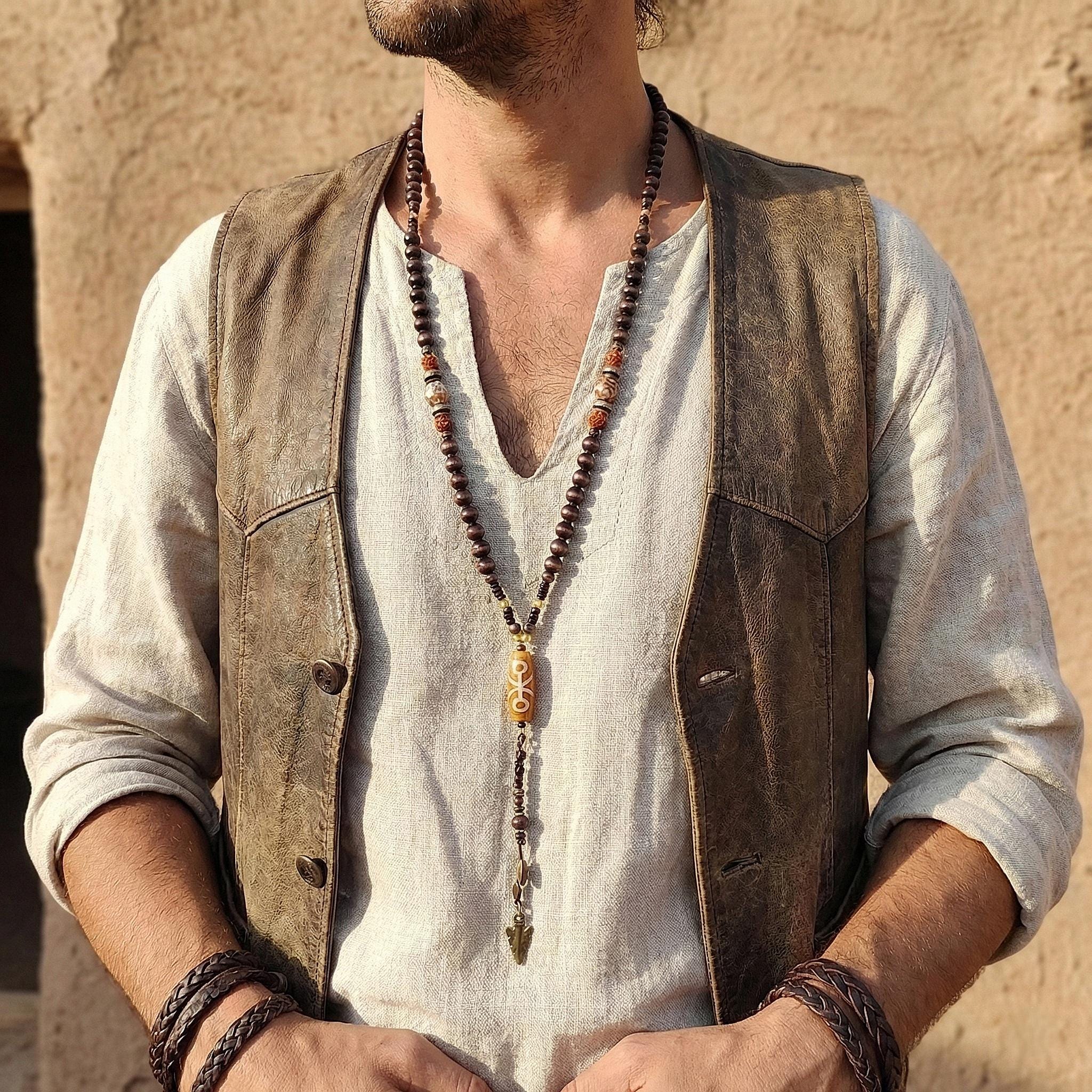 Mens Tibetan Mala Necklace, Tribal Bone Pendant, Boho Rudraksha…