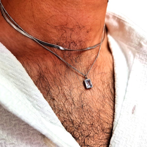 Mens Minimalist Crystal Necklace Multi Layered Chain Jewelry