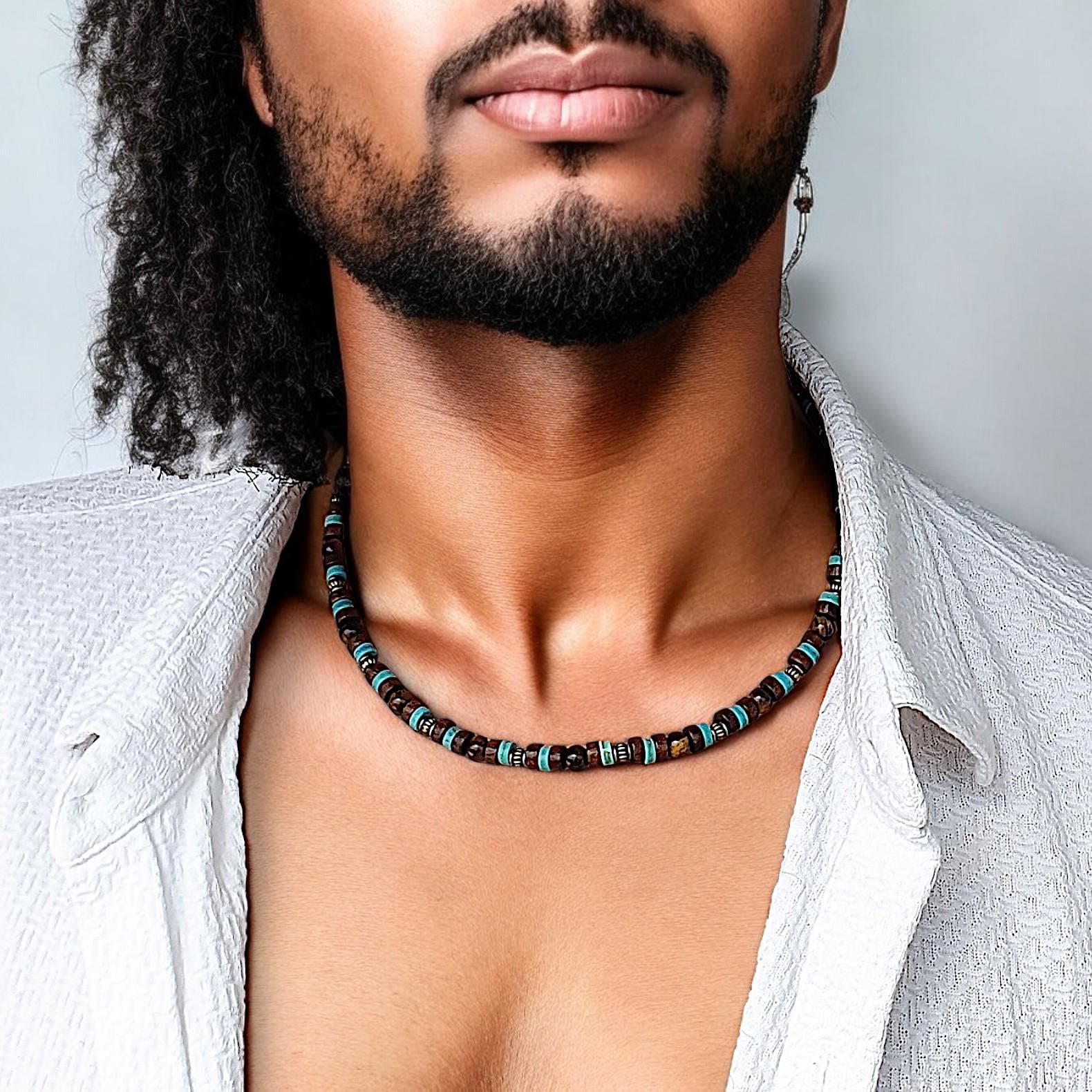 Tribal Surfer Choker-Halskette für Herren, türkisfarbene Perlen und Tigerauge, rustikaler Boho-Schmuck, klobige afrikanische Halskette