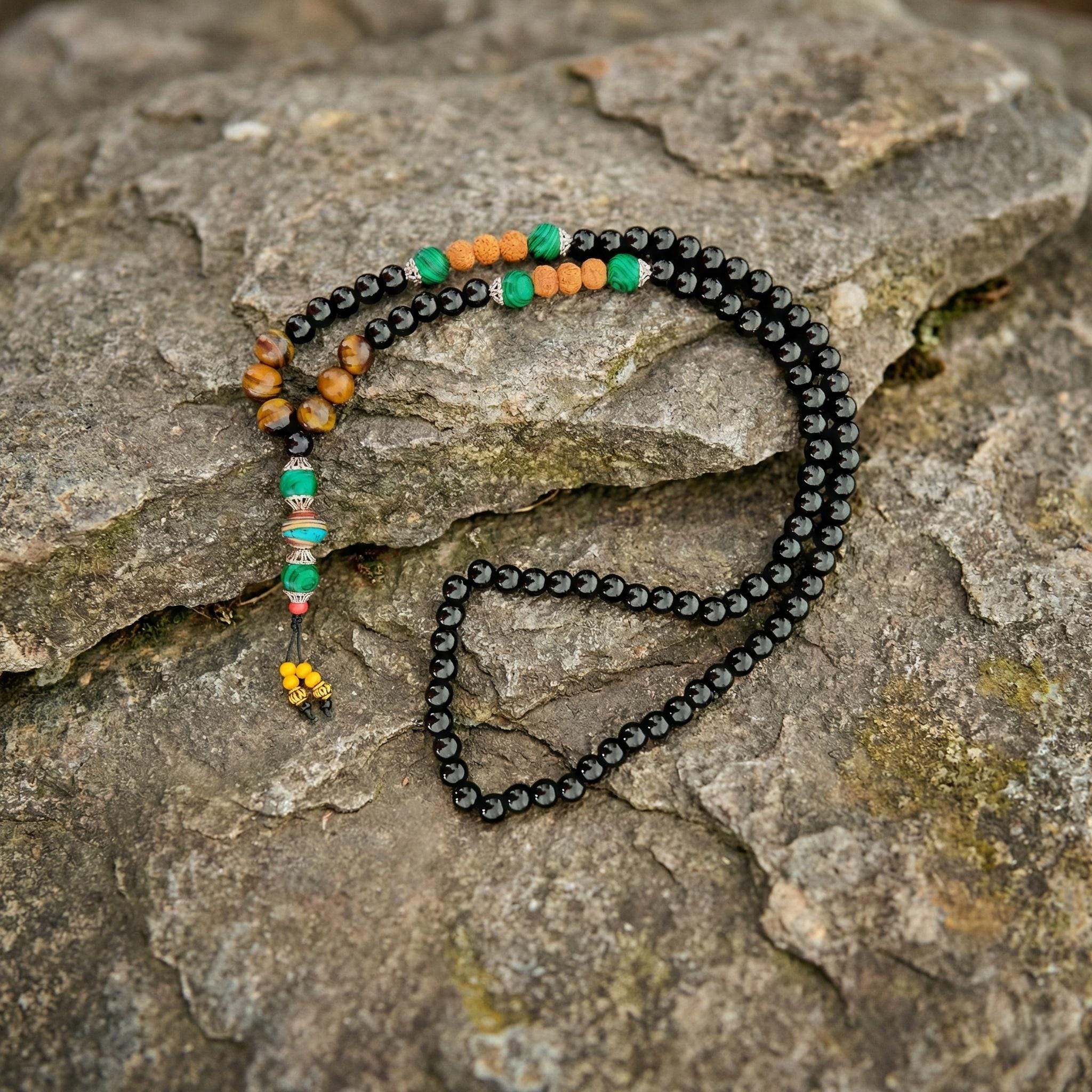 Mens Spiritual Mala Necklace, Tiger Eye, Black Onyx, Rudraksha