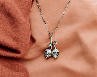 Gothic Cherry Skull Necklace, Halloween Jewelry for Couples, Punk