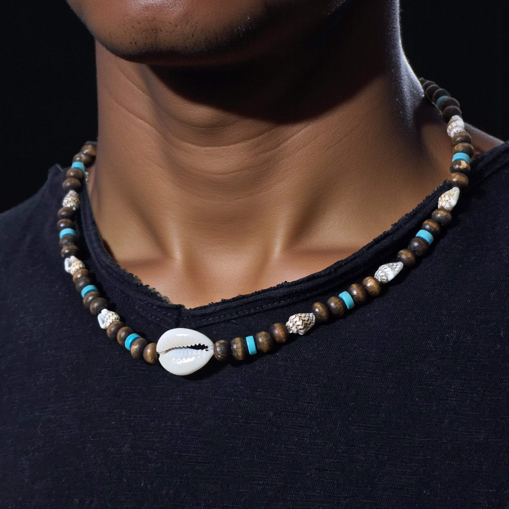 Surfer Shell Chain Mens Surfer Cowrie Shell Necklace, Boho Tribal Wood Bead Choker ...