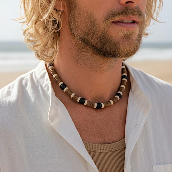 Minimalist Men Wooden Bead Choker Tribal African Stone Necklace