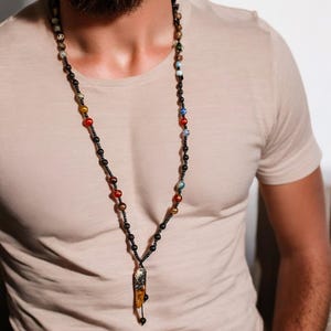 Men Natural Stone Tribal Necklace, Onyx Agate Jasper Carnelian Sodalite Boho Jewelry, African Surfer Rustic Talon Pendant, Tassel Mala Charm