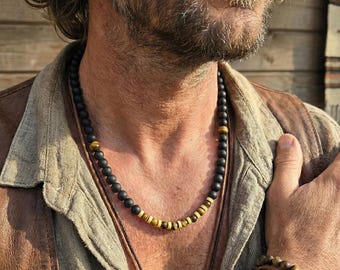 Mens Black Onyx Tribal Necklace, Tiger Eye Beaded Gemstone Jewelry, Natural Stone Protection Choker, Husband Anniversary Gift Dad Birthday