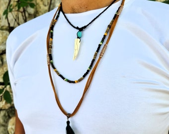 Mens Beaded Multi Strand Necklace, Layered Boho Chic & Gemstone, Surfer, Tribal Hippie Flare, Mens Mala Tassel Necklace, Ivory Gypsy Style