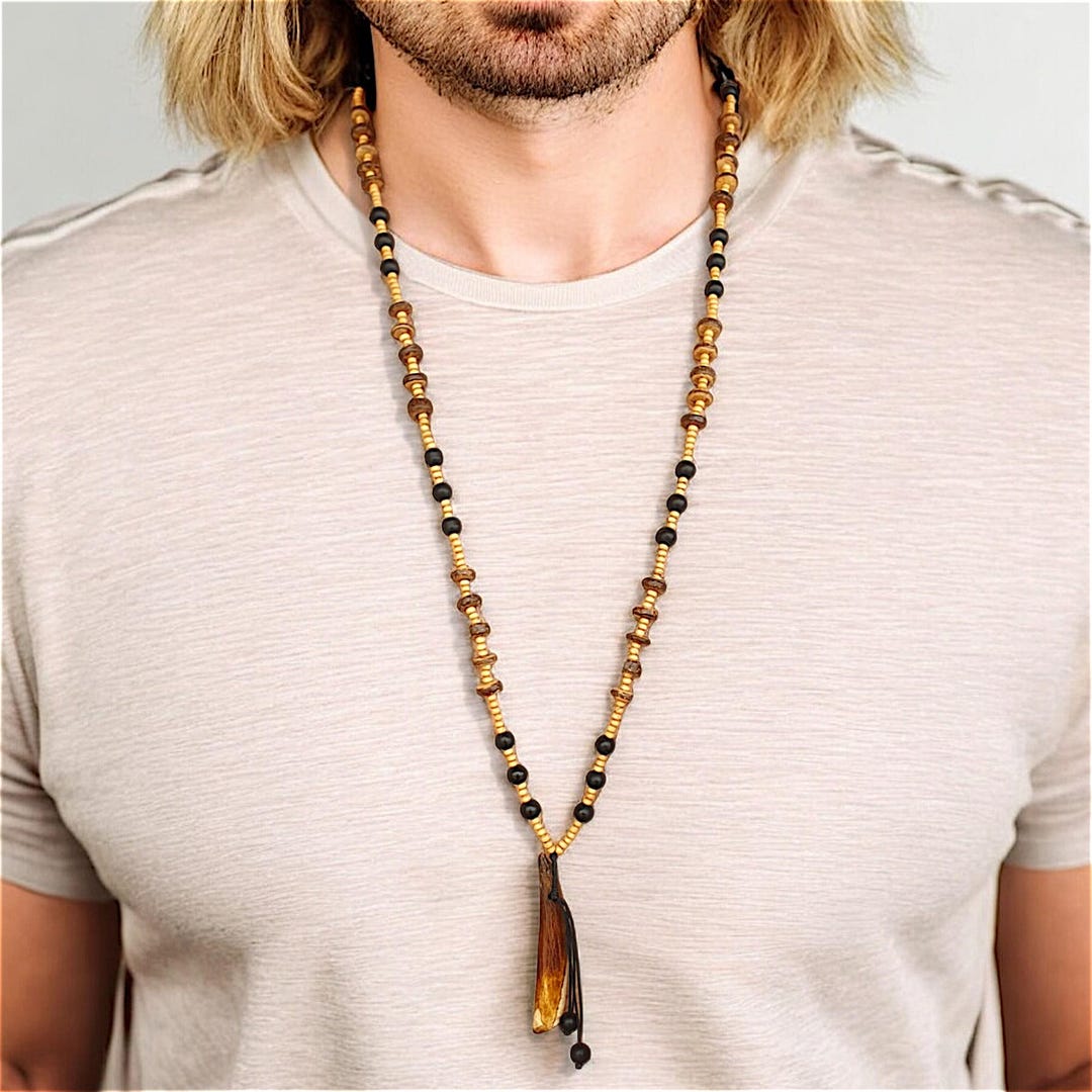 Natural Pendant Rustic Mala Necklace, Wooden Bead Surfer Necklace