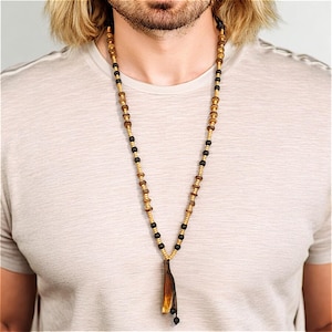 Natural Pendant Rustic Mala Necklace, Wooden Bead Surfer Necklace, Custom Tribal Jewelry for Men, Authentic Wilderness Wear Jewelry Gifts