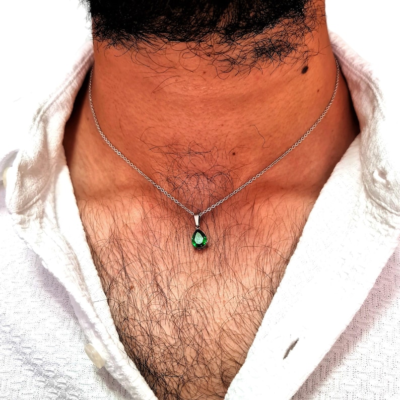 Men's Emerald Minimalist Necklace - Custom Personalized Stainless Steel Chain Wedding Jewelry, Casual Suit Accessories - Rich Man Necklace