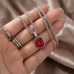 Emerald Cut Red Pendant, Mens Silver Necklace, Rectangular Ruby Charm, Geometric Jewelry, Minimalist Rope Chain, Cool Streetwear Gift Him