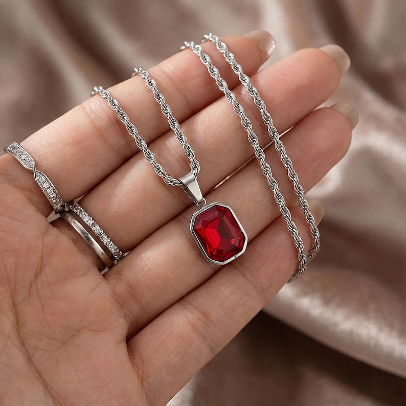 Emerald Cut Red Pendant, Mens Silver Necklace, Rectangular Ruby Charm, Geometric Jewelry, Minimalist Rope Chain, Cool Streetwear Gift Him
