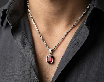 Mens Necklace Ruby Emerald Sapphire, Elegant Minimalist Gemstone Choker, Custom Crystal Pendant, Luxury Jewelry Gift for Him, Modern Jewelry