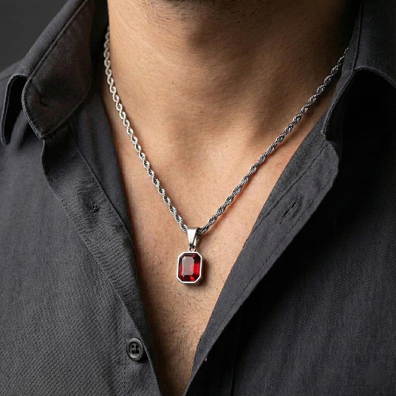 Red Garnet Color Necklace, Deep Red Crystal Pendant, Mens Jewelry Silver, Statement Necklace, Bezel Set Stone, Unisex Choker, Gift for Dad