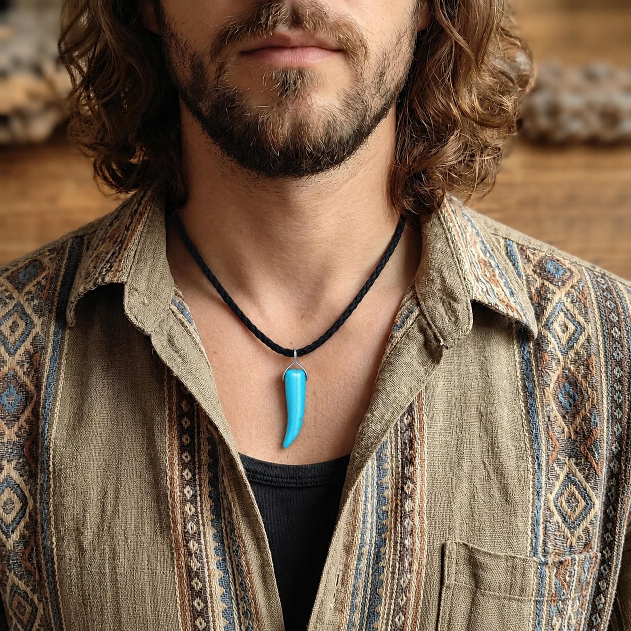BLUE BUCK メキシコヘッド ネックレス Men's Turquoise Necklace, Leather Horn Pendant, Wolf Tooth Choker