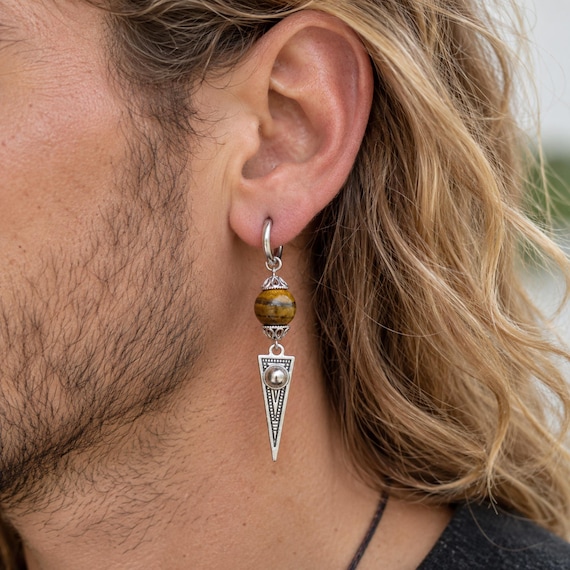 Long Dangle Triangle Gemstone Mens Earring - Stainless Steel Tiger
