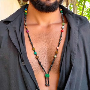 Boho Tribal Men’s Gemstone Necklace, Natural Stone Mala Necklace, Long Statement Beaded Necklace, Spiritual Energy Jewelry, Gift for Him