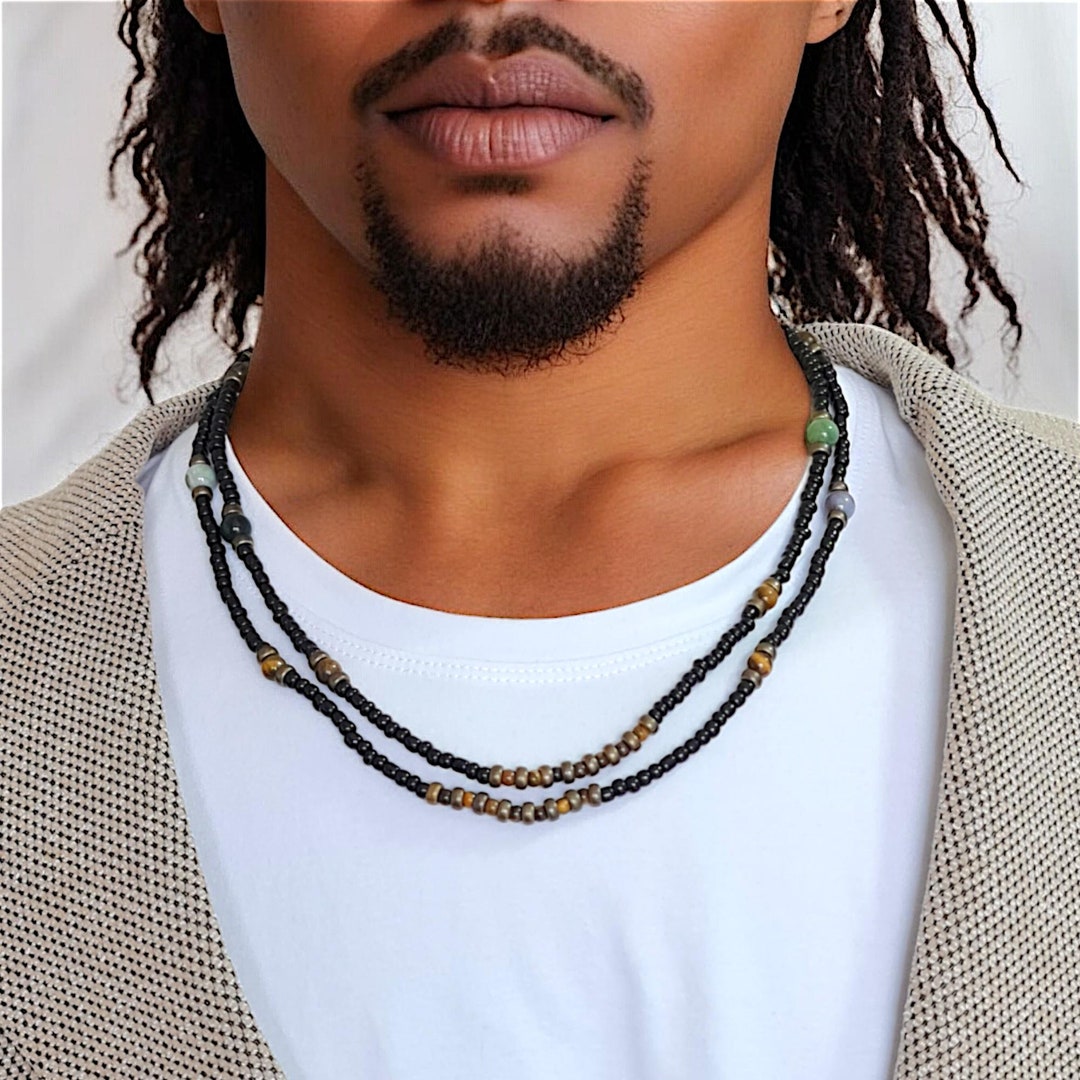 Elegant Layered Mens Natural Stone Necklace, Mens Long Necklace, Jade ...