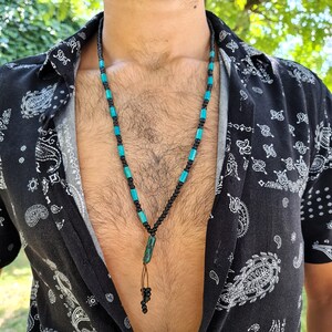 Mens Long Nut Wood Bead Necklace, Tribal Ethnic Surfer Necklace, Boho Tassel Jewelry, Mala Indian Beaded Necklace, Christmas Gift For Men