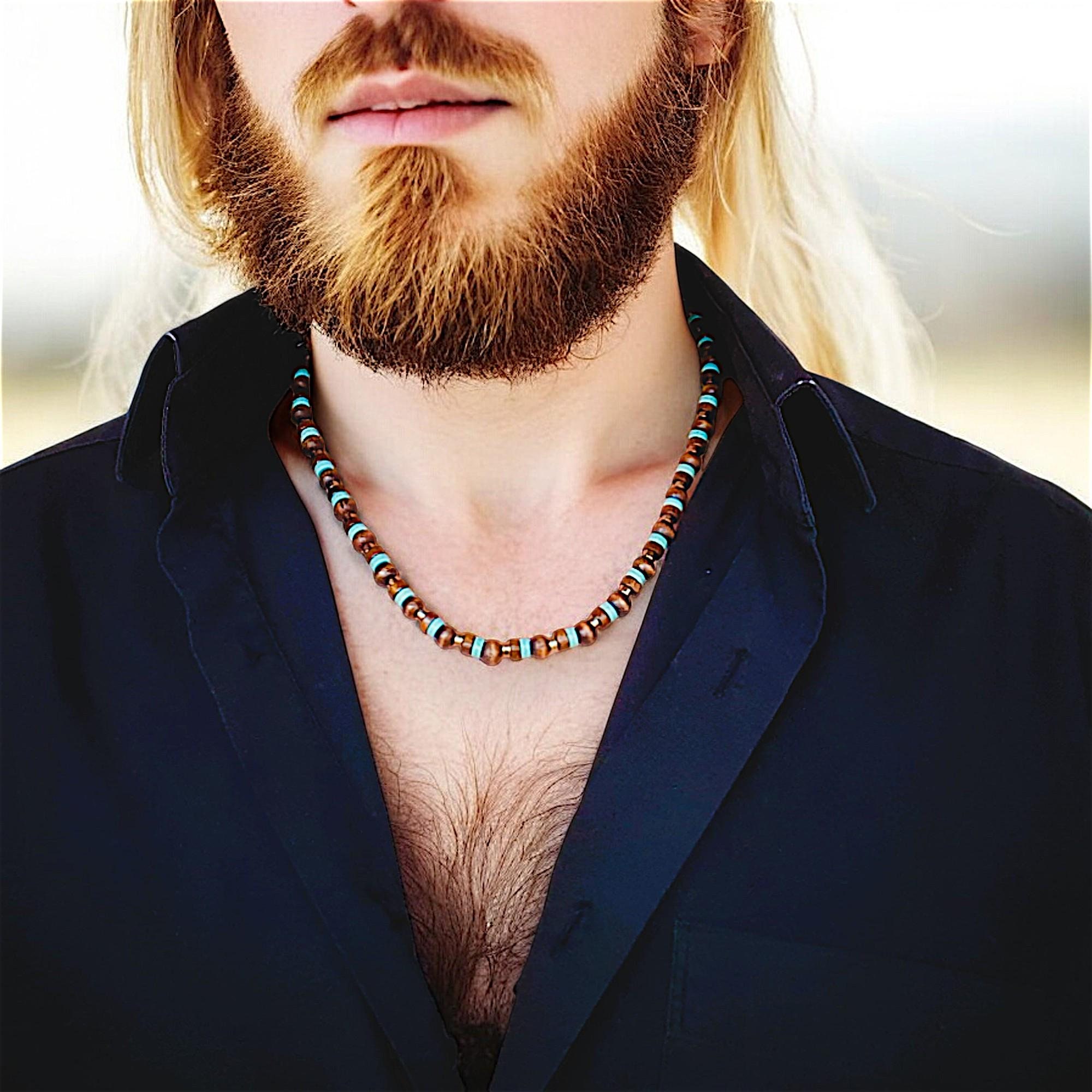 African Turquoise Mens Choker, Casual Bohemian Surfer Jewelry