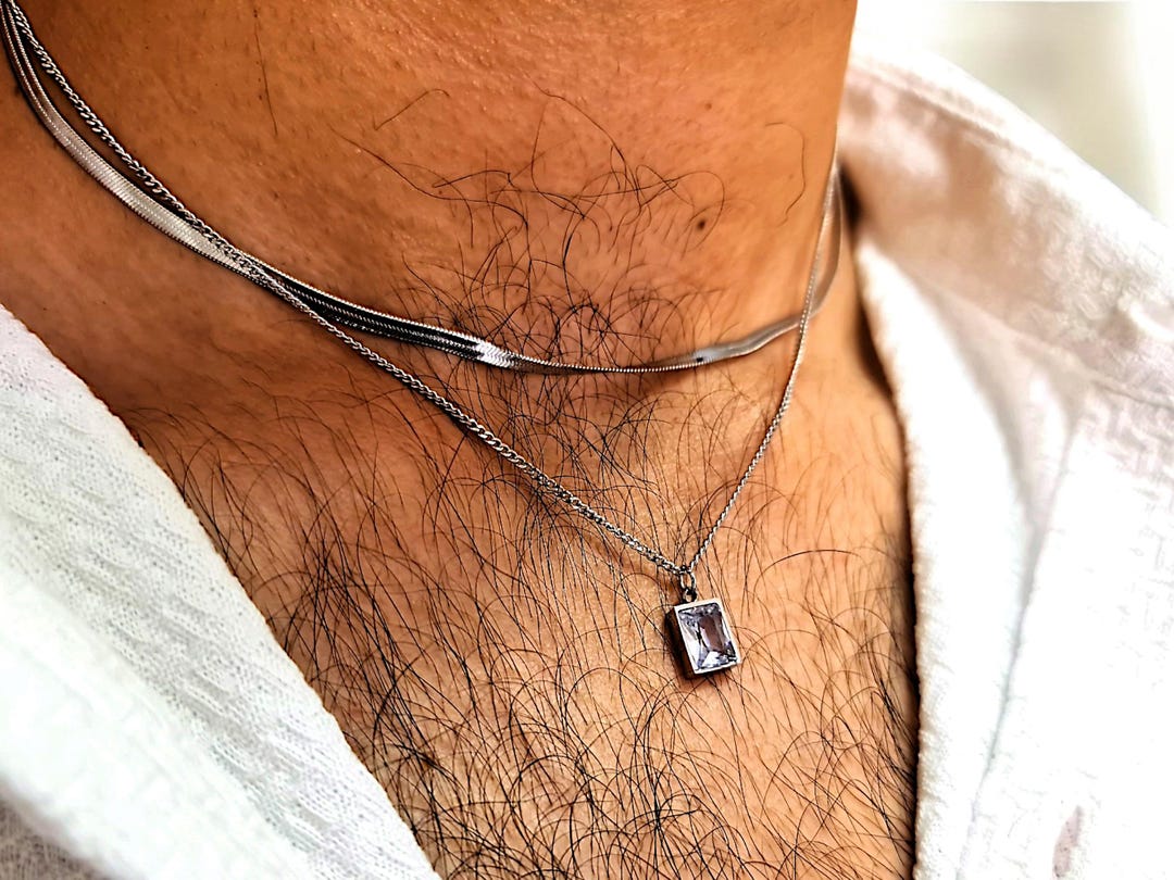 Mens Minimalist Crystal Necklace, Multi Layered Chain Jewelry