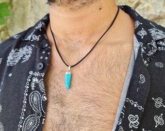 Collar de hombre de piedra turquesa Kingman - Gargantilla de surfista para hombre rústico boho - Colgante de marfil Collar moderno de cuentas individuales - Joyería rústica hippie