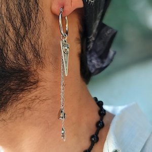 Mens Modern Chain Earrings - Long Dangle Triangle, Minimalist Geometric Jewelry - Tribal Asymmetric Gift for Men - Cool Cute Tiny Earrings