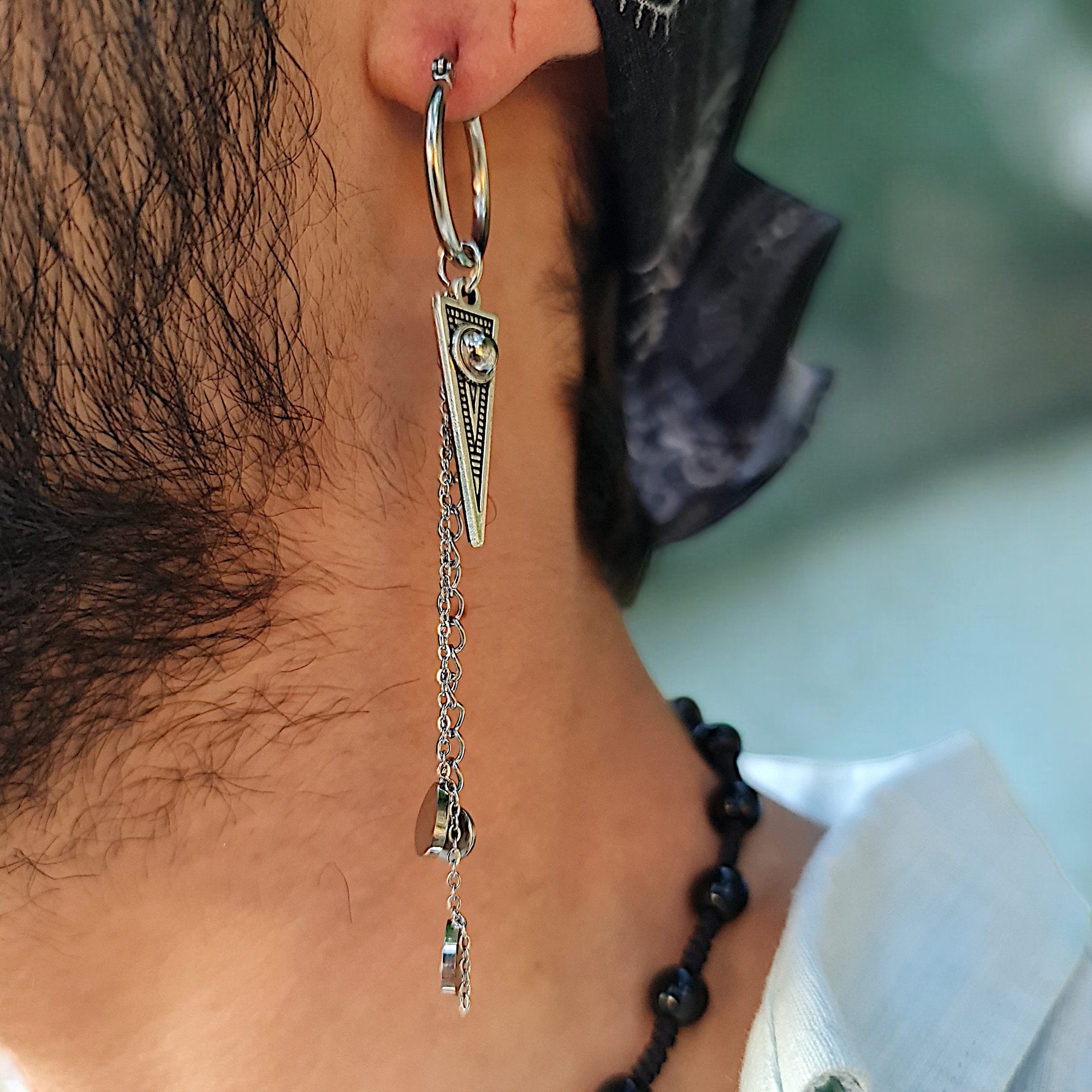 Earring Long Silver Men