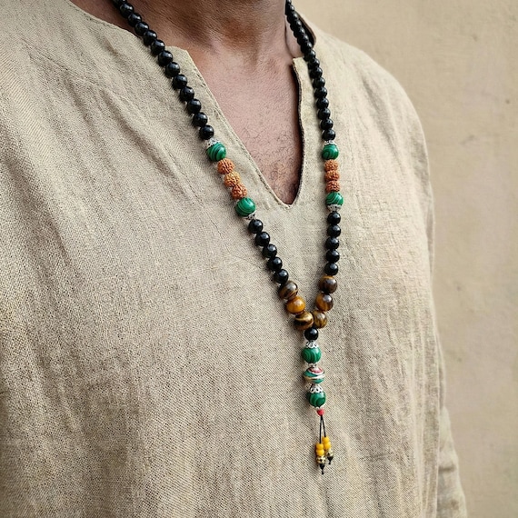 Mens Spiritual Mala Necklace, Tiger Eye, Black Onyx, Rudraksha