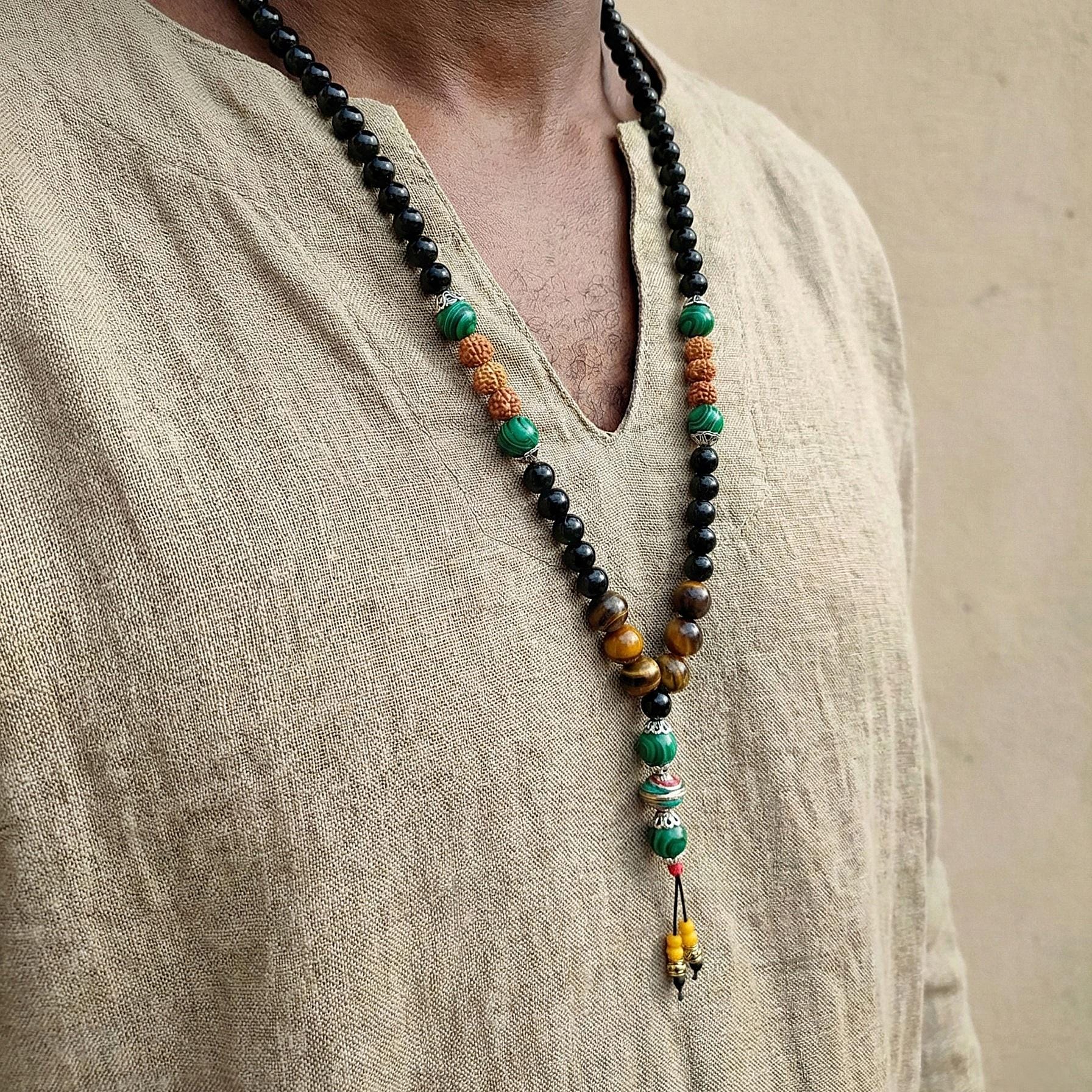 Mens Spiritual Mala Necklace, Tiger Eye, Black Onyx, Rudraksha