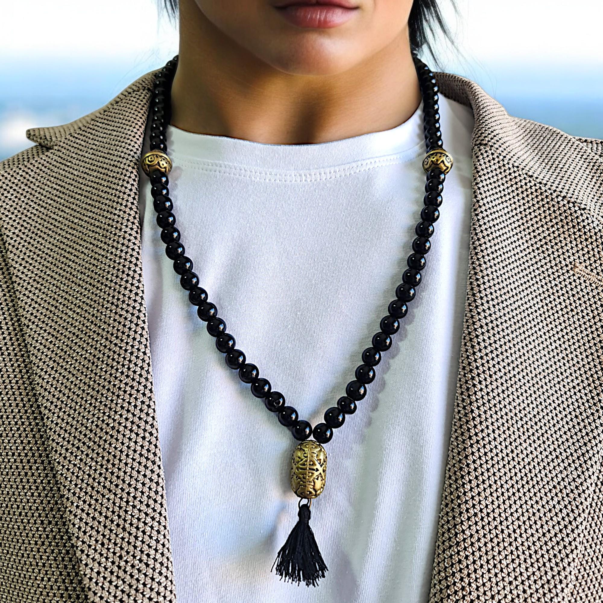 Mens Black Onyx Beaded Tassel Necklace, Tribal Ethnic Jewelry