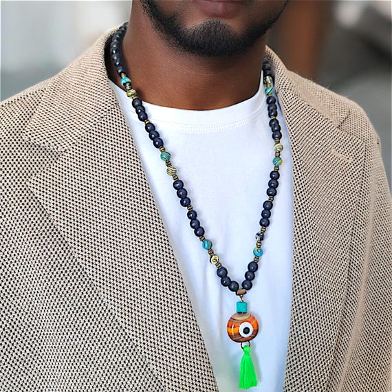 Boho Tribal Mens Tassel Necklace, Evil Eye Pendant, Bohemian Men Boho Tribal Mens Tassel Necklace, Evil Eye Pendant, Bohemian Men