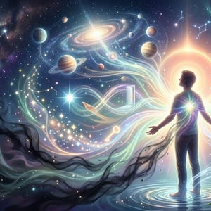 Puede incluir: Ilustración digital de una persona con los brazos abiertos, irradiando luz en un universo de planetas, galaxias y constelaciones. La obra evoca la espiritualidad y la exploración cósmica, con colores vibrantes y elementos etéreos.