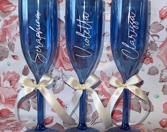 Personalize Clear Blue Champagne Flutes For Brides, Bridesmaids, Weddings, Birthdays, Bachelorette, Sweet 16 Party Favor and Anniversary