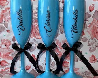 Personalize Blue Champagne Flutes For Brides, Bridesmaids, Weddings, Birthdays, Bachelorette, Sweet 16 Party Favor, Anniversary Celebrations
