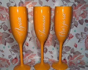 Personalize Orange Champagne Flutes For Brides, Bridesmaids, Wedding, Birthday, Bachelorette, Sweet 16, Party Favor, Anniversary Celebration