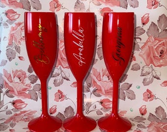 Personalize Red Champagne Flutes For Brides, Bridesmaids, Wedding, Birthday, Bachelorette, Sweet 16, Party Favor, Anniversary & Celebrations