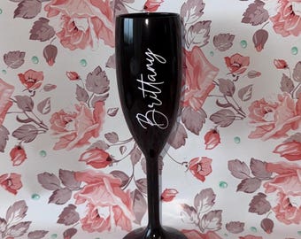 Personalize Black Champagne Flute For Brides, Bridesmaids, Wedding, Birthday, Bachelorette, Sweet 16, Party Favor, Anniversary & Celebration