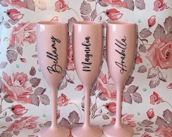 Personalize Pink Champagne Flutes For Bridals Shower, Bridesmaids, Weddings, Birthdays, Bachelorette and Bachelor, Party Favor Gifts Custom
