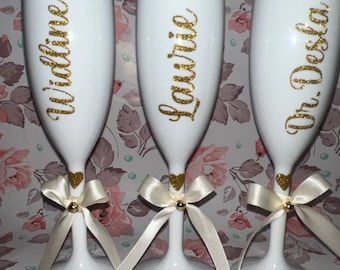 Personalize White Champagne Flutes For Bride, Bridesmaids, Wedding, Birthday, Bachelorette, Sweet 16, Party Favor, Anniversary & Celebration