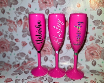 Personalize Pink Champagne Flutes For Brides, Bridesmaids, Wedding, Birthday, Bachelorette, Sweet 16, Party Favor, Anniversary & Celebration