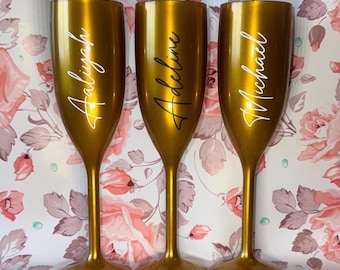 Personalize Gold Champagne Flutes For Brides, Bridesmaids, Wedding, Birthday, Bachelorette, Sweet 16, Party Favor, Anniversary & Celebration