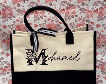 Personalized Modern Bride & Bridesmaid Tote Bag Canvas Bag for Bachelorette Party, Bridesmaid Proposal, Sweet 16, Summer Tropical Beach Gift