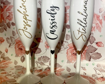 Personalize White Champagne Flutes For Brides, Bridesmaids, Wedding, Birthday, Bachelorette, Sweet 16, Party Favor, Anniversary Celebration