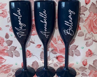 Personalize Navy Blue Champagne Flutes For Bride, Bridesmaid, Wedding, Birthday, Bachelorette, Sweet 16 Party Favor, Anniversary Celebration