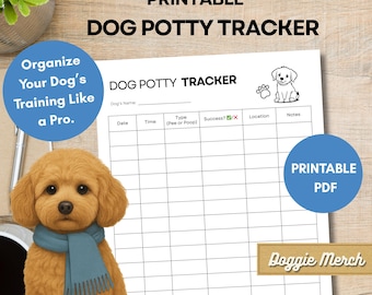 May include: A printable dog potty tracker with a puppy illustration and paw prints. The document includes fields for date, time, type, success, location, and notes. The text reads "Organize Your Dog's Training Like a Pro."