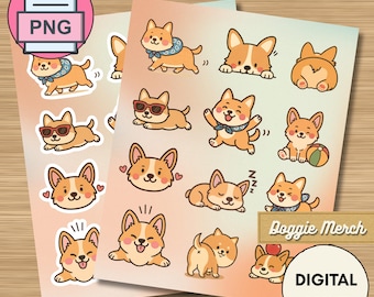 May include: Two sheets of corgi dog stickers with various poses and expressions. The stickers are in shades of orange, brown, and white, with some wearing accessories. The image includes the text "Doggie Merch" and "DIGITAL PRINT".