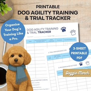 May include: Printable 3-sheet PDF dog agility training and trial tracker. The tracker includes sections for dog's name, current titles, date, focus area, drills practised, duration, success rates, trial performance log, progress and reflections, and skills mastery checklist.