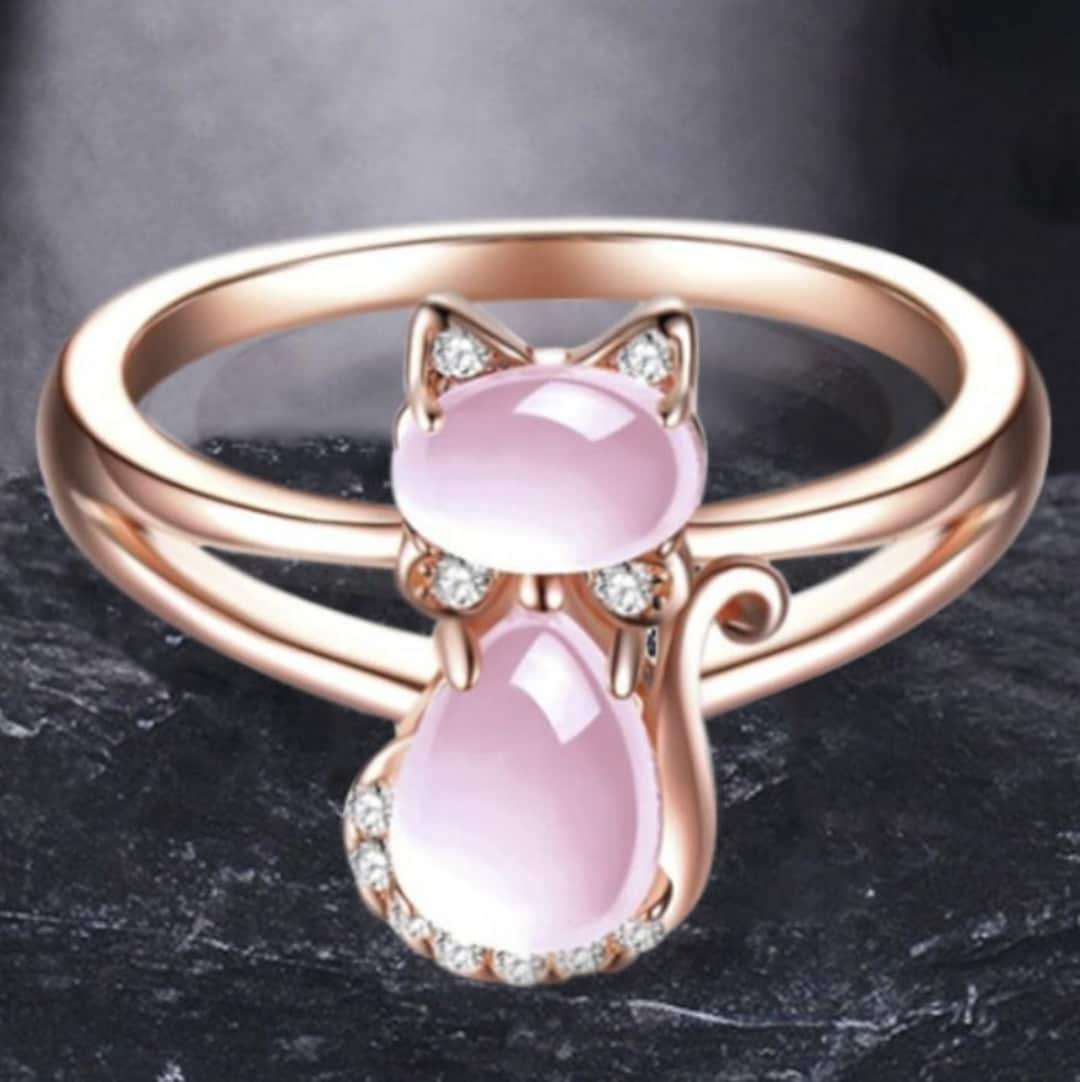 Cute Cat Ring. 14K Rose Gold Plated Fashion Ring With Pink and CZ Gems ...