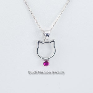 Kitty Necklace, Sterling Silver Kitty Pendant, Kitty with Ruby Gem, Gift for Daughter, Friend, Mom, Christmas or Birthday Gift, Cat Lovers