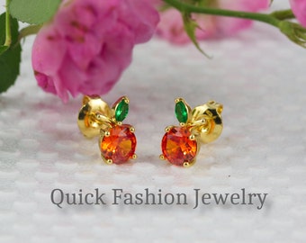 Peach Earrings, Cute fruit earrings, Sterling Silver Post Stud Earrings, Fruit Food Earrings, Gift for Gardener, Cute Birthday Gift
